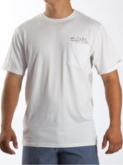 Salt Life SLM6082 Mens Fusion Performance SS Pocket Fishing Tee White a man wearing a shirt. If you need any assistance with this item or the purchase of this item please call us at five six one seven four eight eight eight zero one Monday through Saturday 10:00a.m EST to 8:00 p.m EST