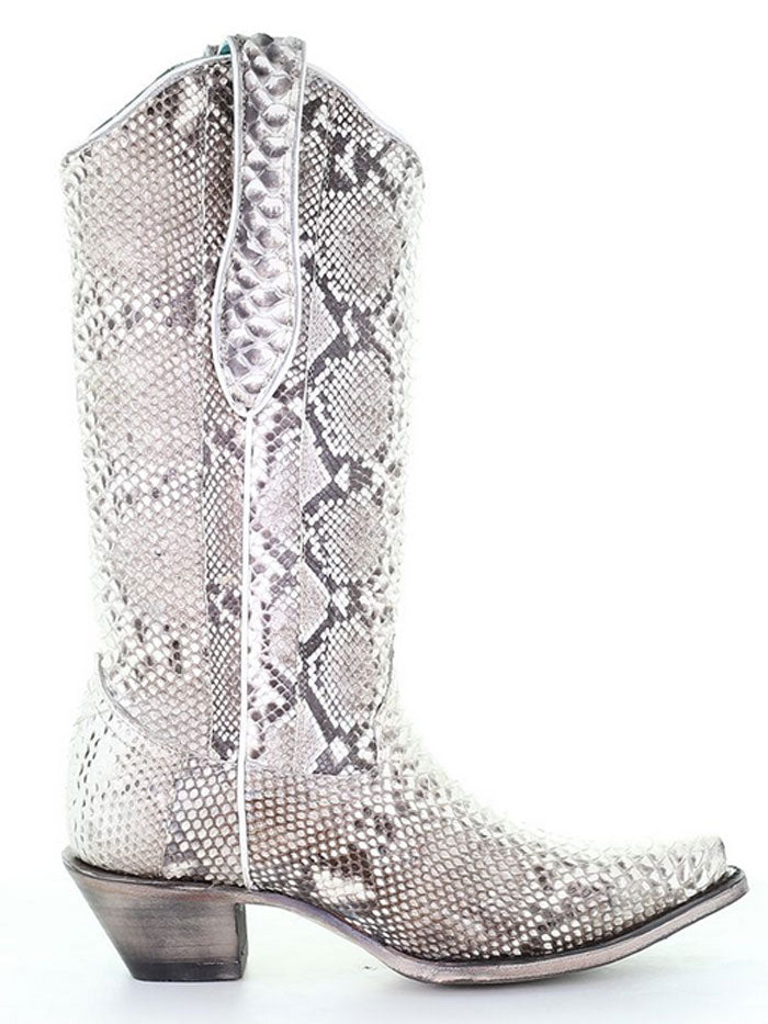 Corral A3798 Ladies Python Western Boot Natural outter side and front view. If you need any assistance with this item or the purchase of this item please call us at five six one seven four eight eight eight zero one Monday through Saturday 10:00a.m EST to 8:00 p.m EST