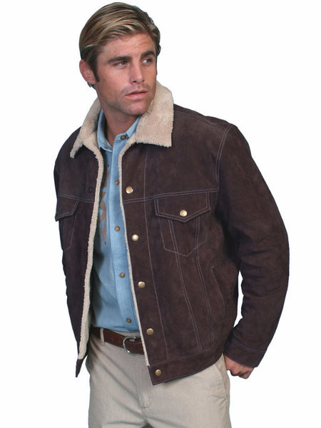 Scully 113-86 Mens Sherpa Lined Boar Suede Western Jacket Chocolate front and side view on model. If you need any assistance with this item or the purchase of this item please call us at five six one seven four eight eight eight zero one Monday through Saturday 10:00a.m EST to 8:00 p.m EST