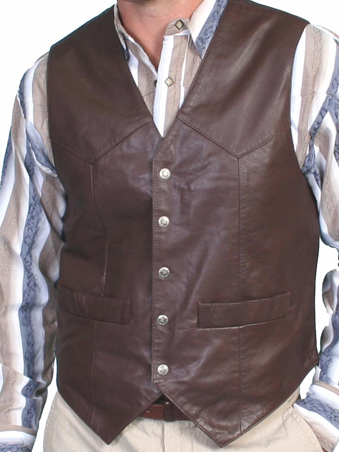 Scully 507-143 Mens Western Soft Touch Lambskin Snap Front Vest Brown Front view. If you need any assistance with this item or the purchase of this item please call us at five six one seven four eight eight eight zero one Monday through Saturday 10:00a.m EST to 8:00 p.m EST