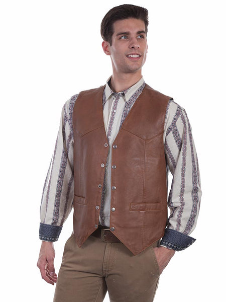 Scully 507-15 Mens Western Soft Touch Lambskin Snap Front Vest Saddle Tan front view. If you need any assistance with this item or the purchase of this item please call us at five six one seven four eight eight eight zero one Monday through Saturday 10:00a.m EST to 8:00 p.m EST
