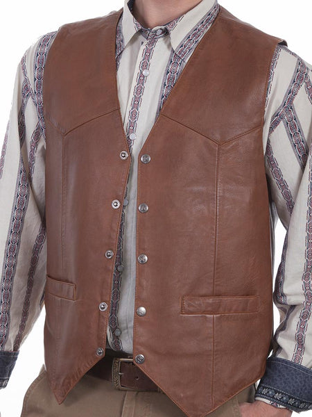 Scully 507-15 Mens Western Soft Touch Lambskin Snap Front Vest Saddle Tan front close up. If you need any assistance with this item or the purchase of this item please call us at five six one seven four eight eight eight zero one Monday through Saturday 10:00a.m EST to 8:00 p.m EST