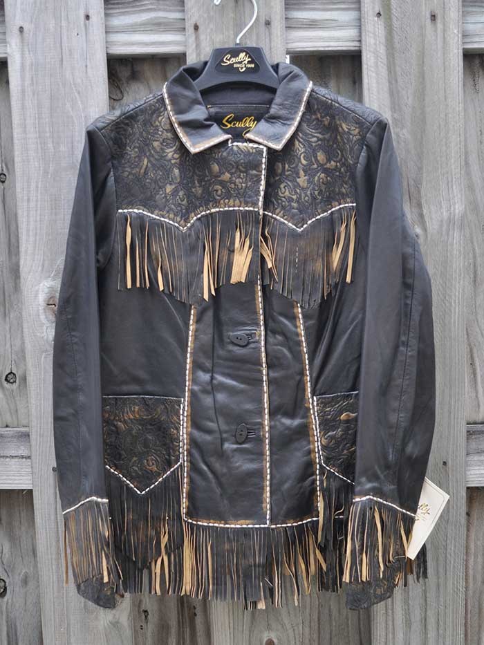 Scully L727-259 Fringe And Tooled Details Western Leather Jacket Brown front view. If you need any assistance with this item or the purchase of this item please call us at five six one seven four eight eight eight zero one Monday through Saturday 10:00a.m EST to 8:00 p.m EST