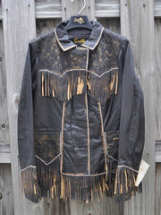 Scully L727-259 Fringe And Tooled Details Western Leather Jacket Brown front view hanging. If you need any assistance with this item or the purchase of this item please call us at five six one seven four eight eight eight zero one Monday through Saturday 10:00a.m EST to 8:00 p.m EST