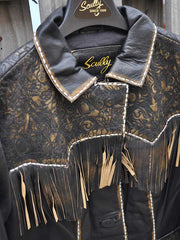 Scully L727-259 Fringe And Tooled Details Western Leather Jacket Brown  front close up. If you need any assistance with this item or the purchase of this item please call us at five six one seven four eight eight eight zero one Monday through Saturday 10:00a.m EST to 8:00 p.m EST