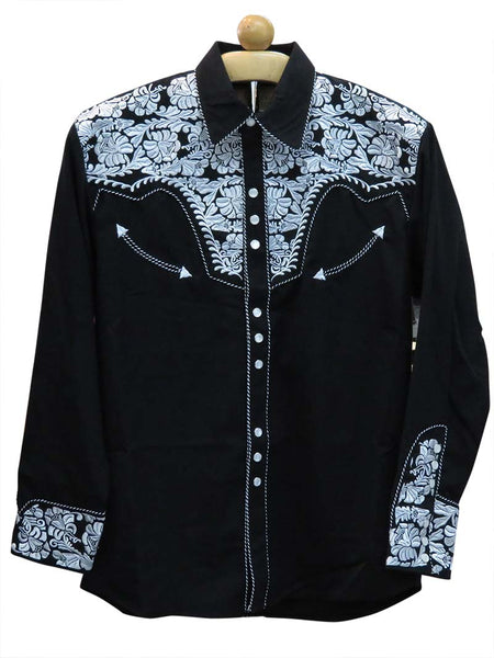 Scully P-634BLW Mens Floral Tooled Embroidered Western Shirt Black And White hanging front view. If you need any assistance with this item or the purchase of this item please call us at five six one seven four eight eight eight zero one Monday through Saturday 10:00a.m EST to 8:00 p.m EST