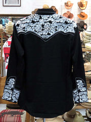 Scully P-634BLW Mens Floral Tooled Embroidered Western Shirt Black And White back view. If you need any assistance with this item or the purchase of this item please call us at five six one seven four eight eight eight zero one Monday through Saturday 10:00a.m EST to 8:00 p.m EST