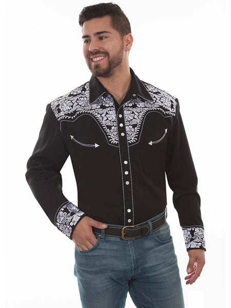 Scully P-634BLW Mens Floral Tooled Embroidered Western Shirt Black And White front view. If you need any assistance with this item or the purchase of this item please call us at five six one seven four eight eight eight zero one Monday through Saturday 10:00a.m EST to 8:00 p.m EST