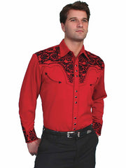 Scully P-634-RED Mens Floral Tooled Embroidery Western Shirt Red front view. If you need any assistance with this item or the purchase of this item please call us at five six one seven four eight eight eight zero one Monday through Saturday 10:00a.m EST to 8:00 p.m EST