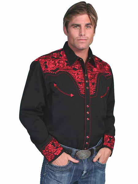 Scully P-634-CRI Mens Floral Tooled Embroidery Western Shirt Crimson front view. If you need any assistance with this item or the purchase of this item please call us at five six one seven four eight eight eight zero one Monday through Saturday 10:00a.m EST to 8:00 p.m EST