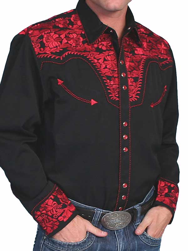 Scully P-634-CRI Mens Floral Tooled Embroidery Western Shirt Crimson front view. If you need any assistance with this item or the purchase of this item please call us at five six one seven four eight eight eight zero one Monday through Saturday 10:00a.m EST to 8:00 p.m EST