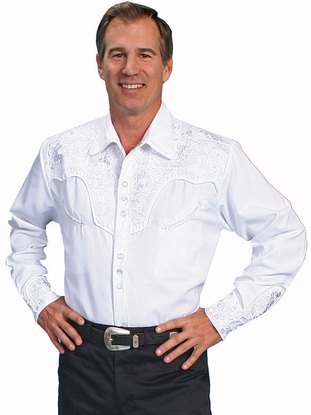 Scully P-634-WHT Mens Floral Tooled Embroidery Western Shirt White front view. If you need any assistance with this item or the purchase of this item please call us at five six one seven four eight eight eight zero one Monday through Saturday 10:00a.m EST to 8:00 p.m EST