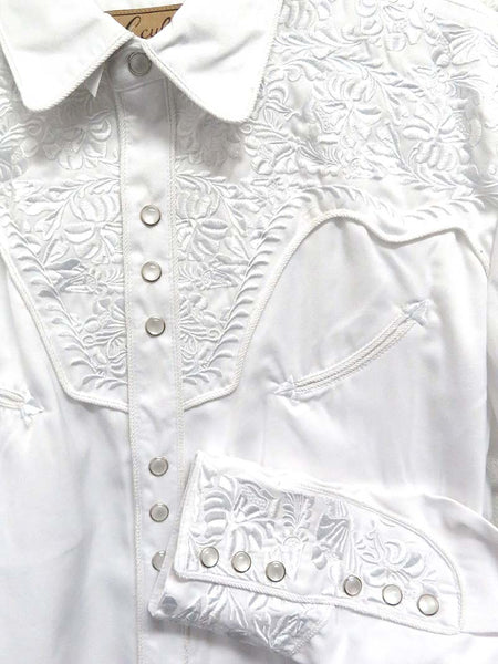 Scully P-634-WHT Mens Floral Tooled Embroidery Western Shirt White front view close up. If you need any assistance with this item or the purchase of this item please call us at five six one seven four eight eight eight zero one Monday through Saturday 10:00a.m EST to 8:00 p.m EST