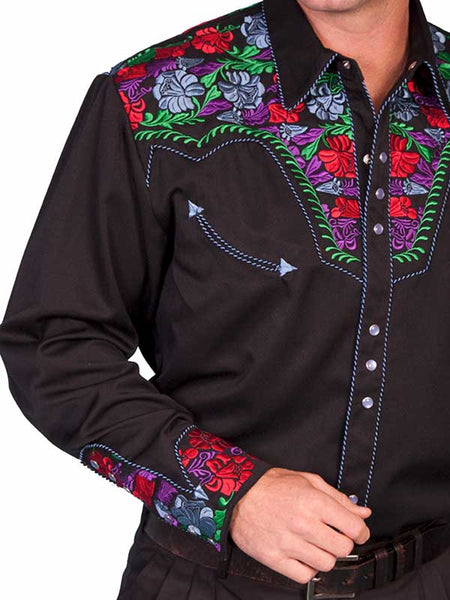 Scully P-634C-BLU Mens Poly Blend Bright Floral Stitch Western Shirt Black front close up. If you need any assistance with this item or the purchase of this item please call us at five six one seven four eight eight eight zero one Monday through Saturday 10:00a.m EST to 8:00 p.m EST