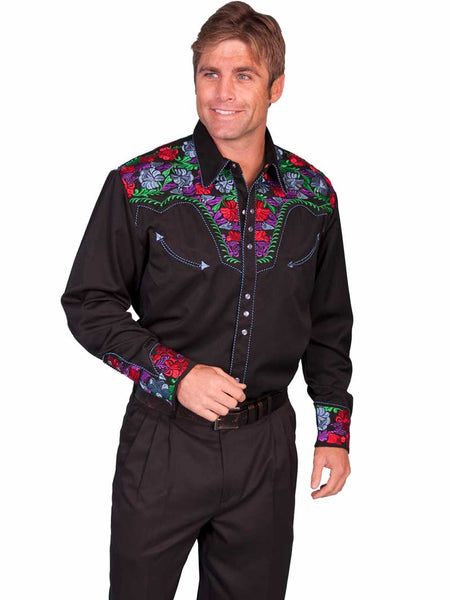 Scully P-634C-BLU Mens Poly Blend Bright Floral Stitch Western Shirt Black front view. If you need any assistance with this item or the purchase of this item please call us at five six one seven four eight eight eight zero one Monday through Saturday 10:00a.m EST to 8:00 p.m EST