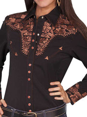 Scully PL-654-BLK Womens Floral Tooled Embroidery Western Shirt Black front view close up. If you need any assistance with this item or the purchase of this item please call us at five six one seven four eight eight eight zero one Monday through Saturday 10:00a.m EST to 8:00 p.m EST