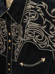 Scully P-852-BLK Mens Elegant Scrolls Embroidered Western Shirt Black close up. If you need any assistance with this item or the purchase of this item please call us at five six one seven four eight eight eight zero one Monday through Saturday 10:00a.m EST to 8:00 p.m EST