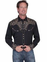 Scully P-852-BLK Mens Elegant Scrolls Embroidered Western Shirt Black front view. If you need any assistance with this item or the purchase of this item please call us at five six one seven four eight eight eight zero one Monday through Saturday 10:00a.m EST to 8:00 p.m EST