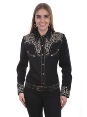 Scully PL-866-BLK Womens Floral Scroll Embroidered Western Snap Shirt Black front view. If you need any assistance with this item or the purchase of this item please call us at five six one seven four eight eight eight zero one Monday through Saturday 10:00a.m EST to 8:00 p.m EST