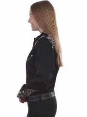 Scully PL-866-BLK Womens Floral Scroll Embroidered Western Snap Shirt Black side view. If you need any assistance with this item or the purchase of this item please call us at five six one seven four eight eight eight zero one Monday through Saturday 10:00a.m EST to 8:00 p.m EST
