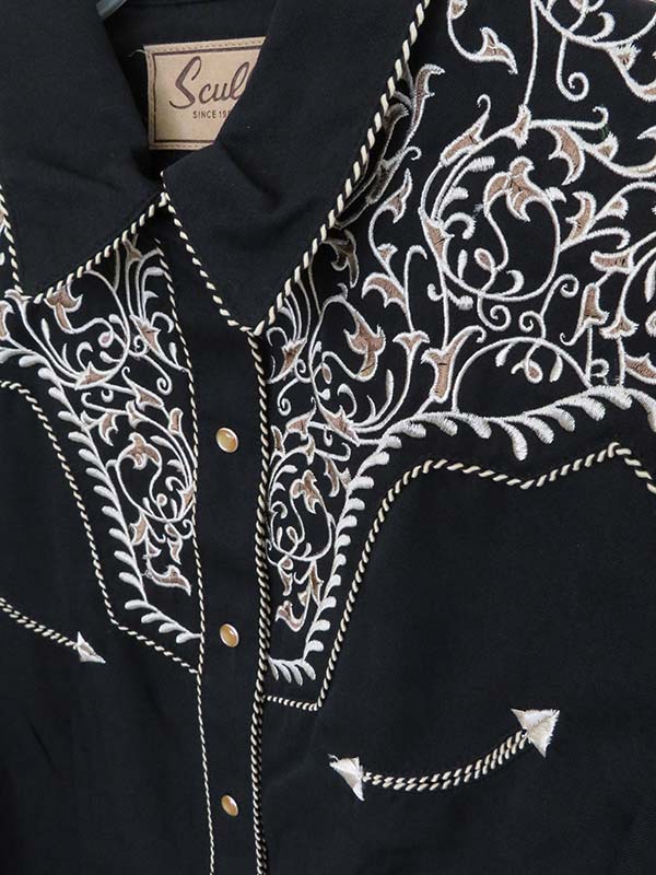 Scully PL-866-BLK Womens Floral Scroll Embroidered Western Snap Shirt Black front view. If you need any assistance with this item or the purchase of this item please call us at five six one seven four eight eight eight zero one Monday through Saturday 10:00a.m EST to 8:00 p.m EST