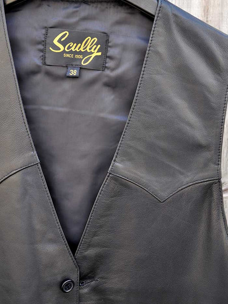 Scully 503-11 Mens Lambskin Button Front Vest Black Lamb fropnt close up. If you need any assistance with this item or the purchase of this item please call us at five six one seven four eight eight eight zero one Monday through Saturday 10:00a.m EST to 8:00 p.m EST