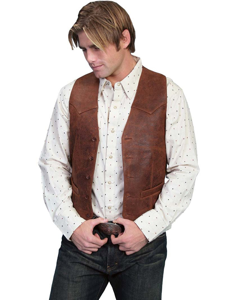 Scully 503-60 Mens Lambskin Button Front Vest Brown front view on model. If you need any assistance with this item or the purchase of this item please call us at five six one seven four eight eight eight zero one Monday through Saturday 10:00a.m EST to 8:00 p.m EST