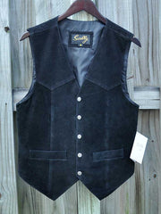 Scully 507-214 Mens Western Lambskin Suede Snap Front Vest Black front view hanging. If you need any assistance with this item or the purchase of this item please call us at five six one seven four eight eight eight zero one Monday through Saturday 10:00a.m EST to 8:00 p.m EST