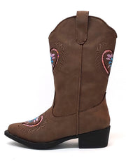 Roper 09-018-1556-1117 Kids Daisy Heart Snip Toe Western Boots Brown side view. If you need any assistance with this item or the purchase of this item please call us at five six one seven four eight eight eight zero one Monday through Saturday 10:00a.m EST to 8:00 p.m EST