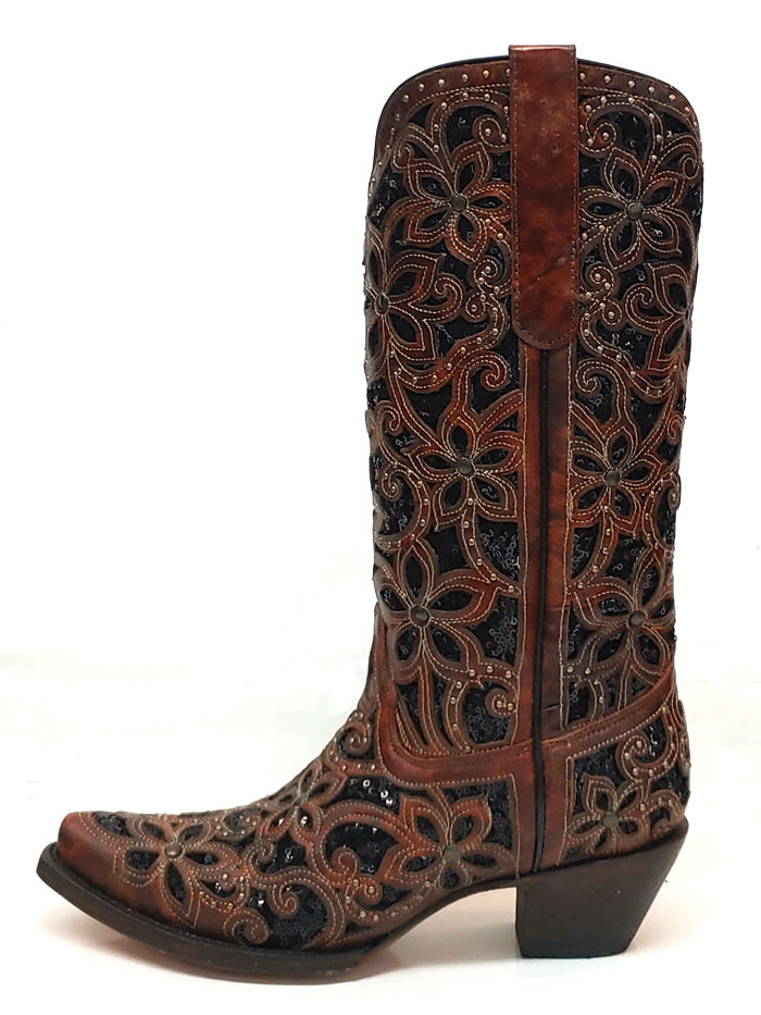 Corral A4083 Ladies Inlay Embroidery Stud Snip Toe Leather Boots Tan and Black front and back view. If you need any assistance with this item or the purchase of this item please call us at five six one seven four eight eight eight zero one Monday through Saturday 10:00a.m EST to 8:00 p.m EST