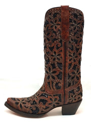 Corral A4083 Ladies Inlay Embroidery Stud Snip Toe Leather Boots Tan and Black side view. If you need any assistance with this item or the purchase of this item please call us at five six one seven four eight eight eight zero one Monday through Saturday 10:00a.m EST to 8:00 p.m EST