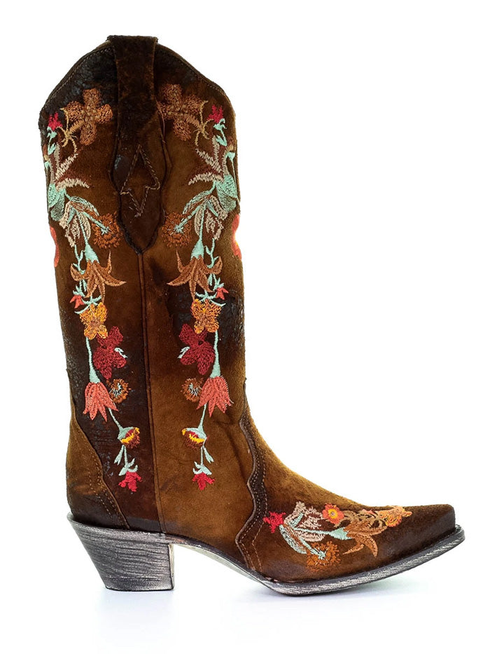 Corral A3597 Womens Western Lamb Floral Embroidery Snip Toe Boot Chocolate side and front view. If you need any assistance with this item or the purchase of this item please call us at five six one seven four eight eight eight zero one Monday through Saturday 10:00a.m EST to 8:00 p.m EST