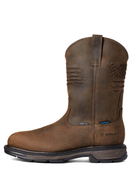 Ariat 10036002 Mens WorkHog XT Patriot Waterproof Carbon Toe Work Boots Brown side view. If you need any assistance with this item or the purchase of this item please call us at five six one seven four eight eight eight zero one Monday through Saturday 10:00a.m EST to 8:00 p.m EST