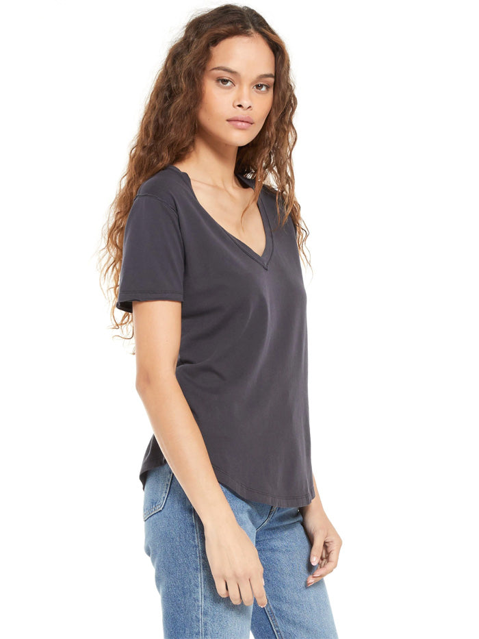 Z Supply ZT201273-BLK Womens ORGANIC COTTON V-Neck Relaxed Fit Tee Washed Black front view. If you need any assistance with this item or the purchase of this item please call us at five six one seven four eight eight eight zero one Monday through Saturday 10:00a.m EST to 8:00 p.m EST