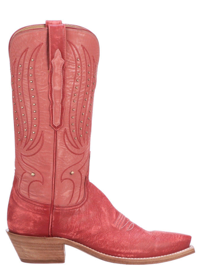 Lucchese N4893.54 Womens Western Goat Camilla Stud Boots Red Salmon outter side / front view. If you need any assistance with this item or the purchase of this item please call us at five six one seven four eight eight eight zero one Monday through Saturday 10:00a.m EST to 8:00 p.m EST