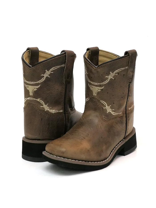 Smoky Mountain 3923T Logan Toddler Western Boots Distress Brown Front and Back view. If you need any assistance with this item or the purchase of this item please call us at five six one seven four eight eight eight zero one Monday through Saturday 10:00a.m EST to 8:00 p.m EST