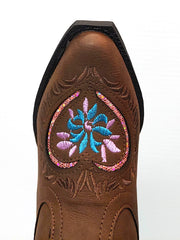 Roper 09-018-1556-1117 Kids Daisy Heart Snip Toe Western Boots Brown toe view from above. If you need any assistance with this item or the purchase of this item please call us at five six one seven four eight eight eight zero one Monday through Saturday 10:00a.m EST to 8:00 p.m EST