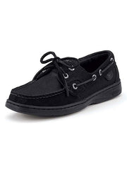 Sperry 9120205 Womens Bluefish 2-Eye Boat Shoes Black side / front view. If you need any assistance with this item or the purchase of this item please call us at five six one seven four eight eight eight zero one Monday through Saturday 10:00a.m EST to 8:00 p.m EST