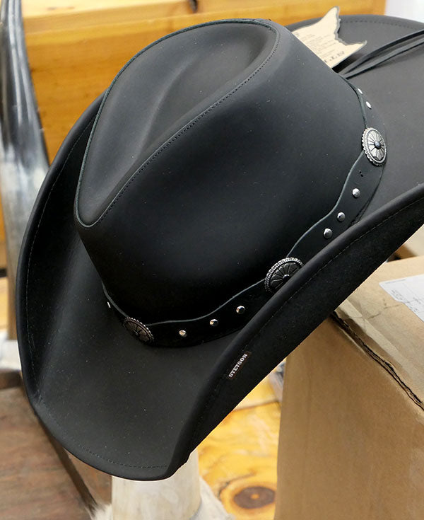 Stetson TRROXB-843407 ROXBURY Shapeable Leather Western Hat Black front and side view. If you need any assistance with this item or the purchase of this item please call us at five six one seven four eight eight eight zero one Monday through Saturday 10:00a.m EST to 8:00 p.m EST