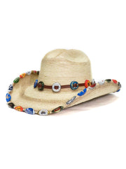 SunBody HLAST4A Last Call Palm Leaf Bottle Cap Cowboy Hat Natural front and side view. If you need any assistance with this item or the purchase of this item please call us at five six one seven four eight eight eight zero one Monday through Saturday 10:00a.m EST to 8:00 p.m EST