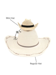 SunBody MINI Cattleman Palm Leaf Cowboy Hat Natural size comparison. If you need any assistance with this item or the purchase of this item please call us at five six one seven four eight eight eight zero one Monday through Saturday 10:00a.m EST to 8:00 p.m EST