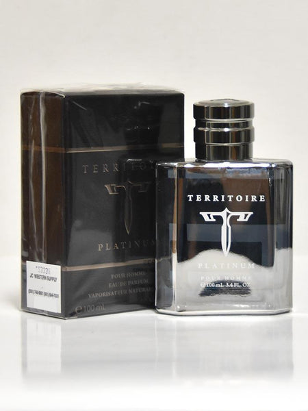 Authentic Territoire Platinum 3.4oz Cologne Spray for Men box and bottle front view. If you need any assistance with this item or the purchase of this item please call us at five six one seven four eight eight eight zero one Monday through Saturday 10:00a.m EST to 8:00 p.m EST