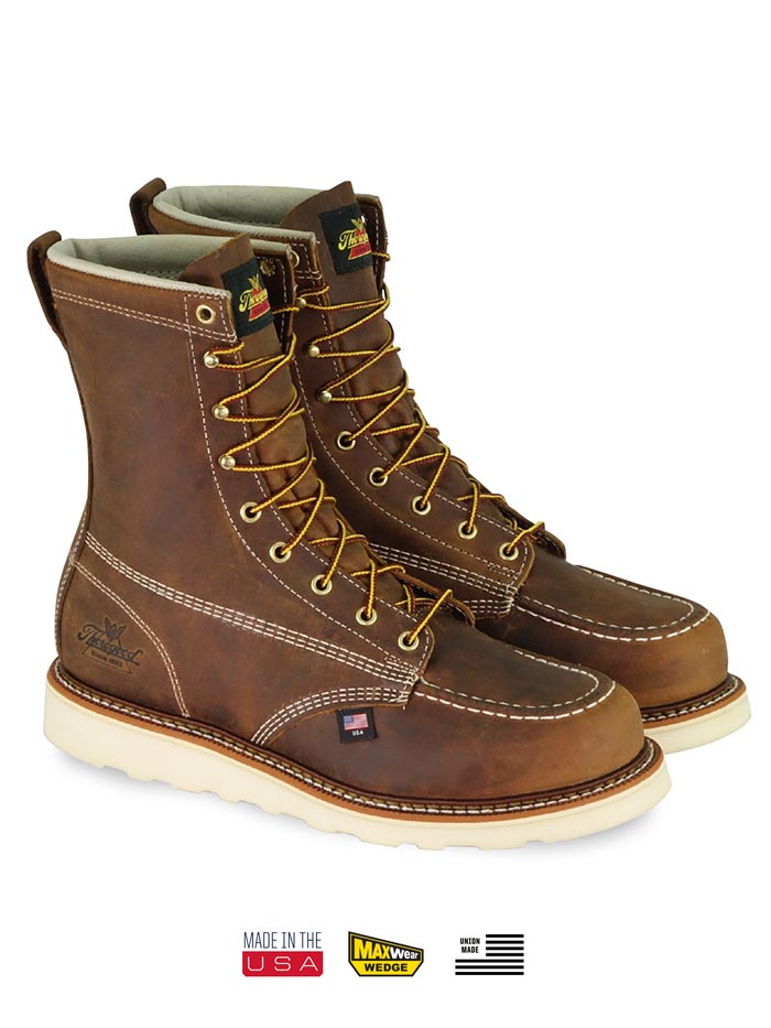 Thorogood 804-4478 Mens 8″ Trail Crazyhorse MAXWear Wedge Safety Toe Boot side view pair. If you need any assistance with this item or the purchase of this item please call us at five six one seven four eight eight eight zero one Monday through Saturday 10:00a.m EST to 8:00 p.m EST
