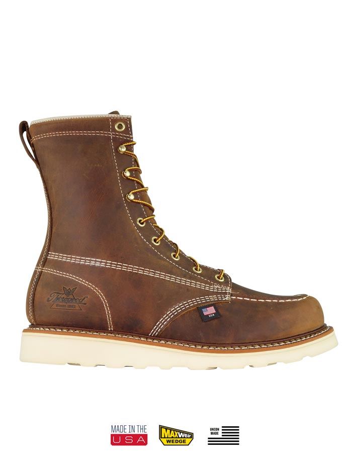 Thorogood 804-4478 Mens 8″ Trail Crazyhorse MAXWear Wedge Safety Toe Boot side view pair. If you need any assistance with this item or the purchase of this item please call us at five six one seven four eight eight eight zero one Monday through Saturday 10:00a.m EST to 8:00 p.m EST