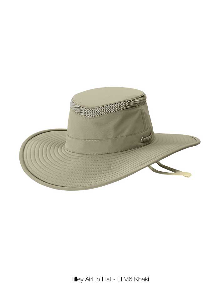 Tilley LTM6-KHOL Airflo Hat Khaki front and side view on male model. If you need any assistance with this item or the purchase of this item please call us at five six one seven four eight eight eight zero one Monday through Saturday 10:00a.m EST to 8:00 p.m EST