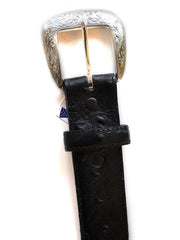Tony Lama 1373L Ostrich Print Dress Belt Black buckle close up  If you need any assistance with this item or the purchase of this item please call us at five six one seven four eight eight eight zero one Monday through Satuday 10:00 a.m. EST to 8:00 p.m. EST