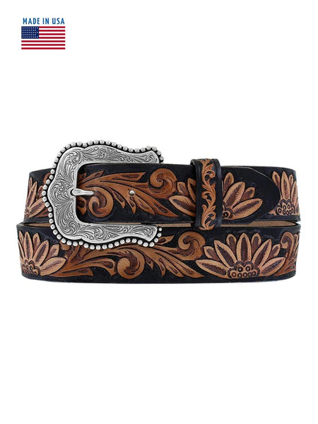 Tony Lama C51263 Womens Daisy Delheart Floral Tooled Belt Black and Tan front view. If you need any assistance with this item or the purchase of this item please call us at five six one seven four eight eight eight zero one Monday through Saturday 10:00a.m EST to 8:00 p.m EST