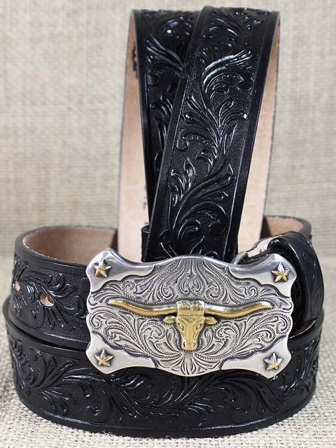 Tony Lama C60113 Kids Little Texas Belt Black front view. If you need any assistance with this item or the purchase of this item please call us at five six one seven four eight eight eight zero one Monday through Saturday 10:00a.m EST to 8:00 p.m EST
