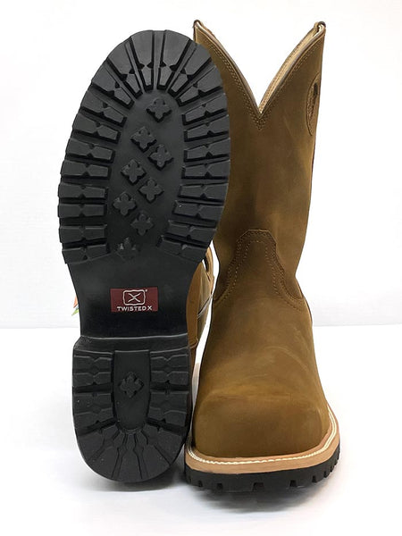 Twisted X MLGCW01 Mens Composite Toe Pull On Logger Boot Saddle Brown sole and front view. If you need any assistance with this item or the purchase of this item please call us at five six one seven four eight eight eight zero one Monday through Saturday 10:00a.m EST to 8:00 p.m EST