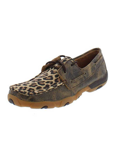 Twisted X WDM0057 Womens Driving Moccasins Loafers Cheetah Print  front and side view. If you need any assistance with this item or the purchase of this item please call us at five six one seven four eight eight eight zero one Monday through Saturday 10:00a.m EST to 8:00 p.m EST